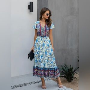 Bohemian Short Sleeve Maxi Dress - Large